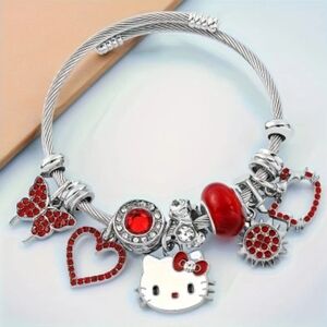 Hello Kitty Inspired Silver and Red Charm Bracelet